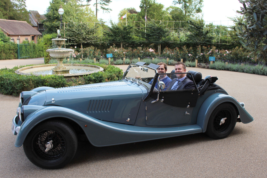 General Manager Steve Sweeny in Morgan V6 Roadster outside Wood Norton Hotel & Restaurant in the Cotwolds
